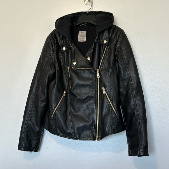 Free People black vegan leather look Jealousy Leather Moto hooded Jacket… - Picture 5 of 13